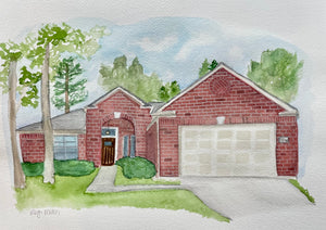 Watercolor painting of red brick house. 